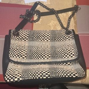 Woven Black and Cream Crossbody Bag with Chain Strap